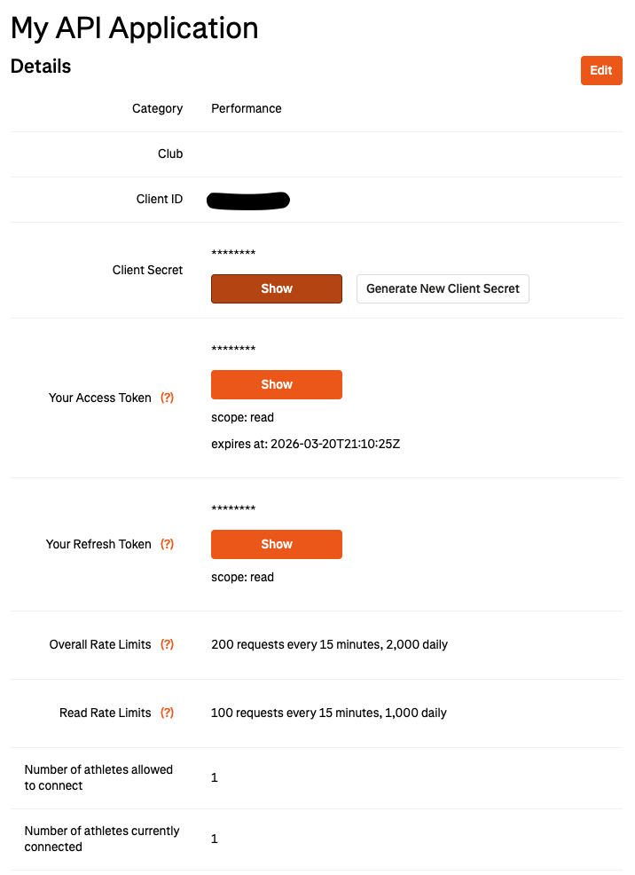 Strava API application setup screenshot